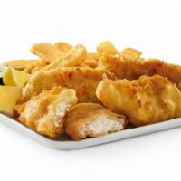 Arctic Cod Fish & Chips · Hand-battered, golden-fried cod fillets with Steak Fries and Dill’d & Pickl’d Tarter Sauce.