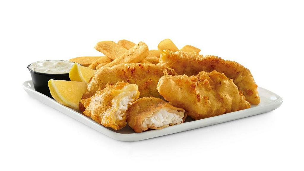 Arctic Cod Fish & Chips · Hand-battered, golden-fried cod fillets with Steak Fries and Dill’d & Pickl’d Tarter Sauce.