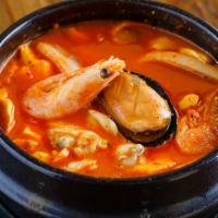 Seafood Tofu Soup 해물 순두부 · Soft tofu stew with assorted seafood (shrimp, clam, mussel, and squid).