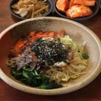 Kim Chi Bi Bim Bap 김치비빔밥 · Diced-kimchi, vegetables (carrot, bean sprouts, cabbage. spinach, and baby bean sprouts), an...