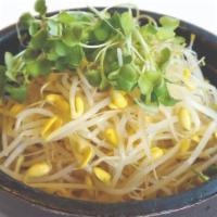 Bean Sprout Bi Bim Bap 콩나물비빔밥 · Bean sprouts, radishoots over rice, and house soy sauce on the side. Your choice of fried eg...