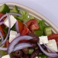 Greek Salad · Baby cucumber, onion, cherry tomato, pitted olives, feta cheese, romain, Lemon & Olive Oil