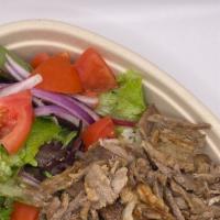 Beef & Lamb Gyro Plate · Beef & Lamb Gyro and salad, served with Rice or Roasted Veggies, choice of hummus or cacik(t...