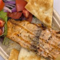 Grilled Salmon Plate · Grilled salmon and salad, served with Rice or Roasted Veggies, choice of hummus or cacik(tza...