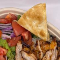 Chicken Gyro Plate · Chicken Gyro and salad, served with Rice or Roasted Veggies, choice of hummus or cacik(tzatz...