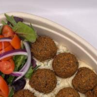 Falafel Plate · 10 pcs of Falafelle, served with spring mix, hummus, and roasted eggplant
