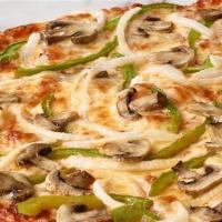 Veggie Pizza · Mushroom, bell pepper, onions, olives & tomatoes.