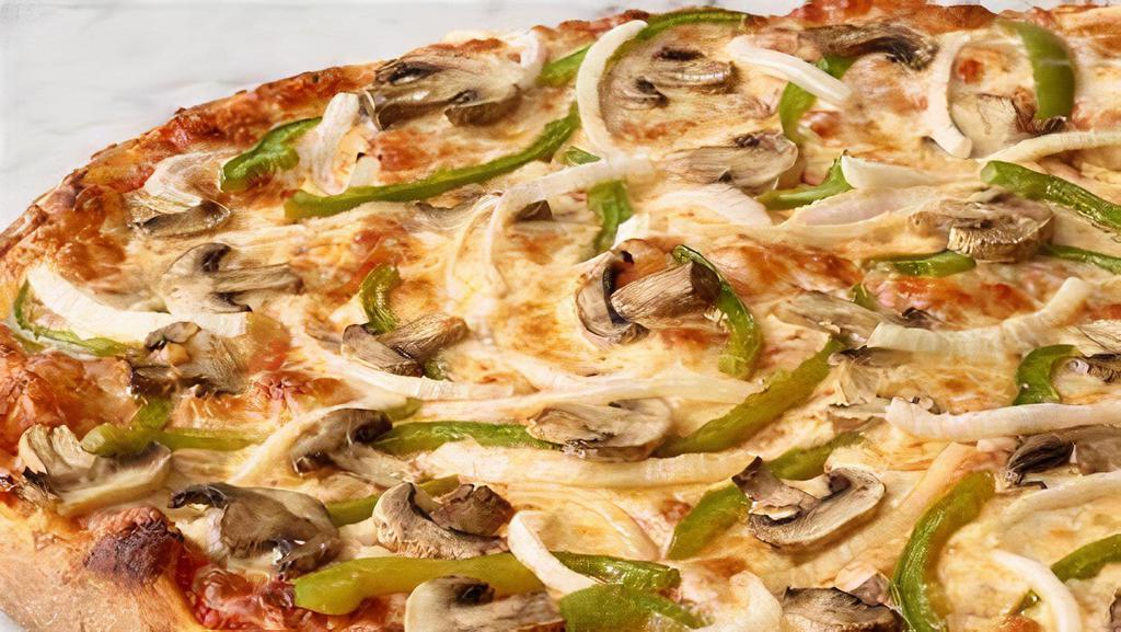 Veggie Pizza · Mushroom, bell pepper, onions, olives & tomatoes.