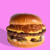 The Chili Cheese Double Down Shop Burger · Not for the faint of heart. We took our Chili Cheese Shop Burger X 2 and piled it high with ...