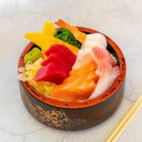 Chirashi Sushi · Assorted sashimi over rice and miso soup.