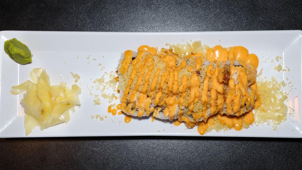 Crunchy Roll · Shrimp tempura, imitation crab meat and crunchy.
