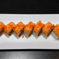 Amazon Roll · Shrimp tempura, spicy tuna, cucumber, albacore, ebi salmon, spicy crab, and masago.