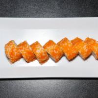 Tiger Roll · Spicy. Shrimp tempura, spicy crab meat, masago, and cucumber.