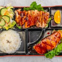 Bento Box · Choose two items with rice, miso soup, and salad.