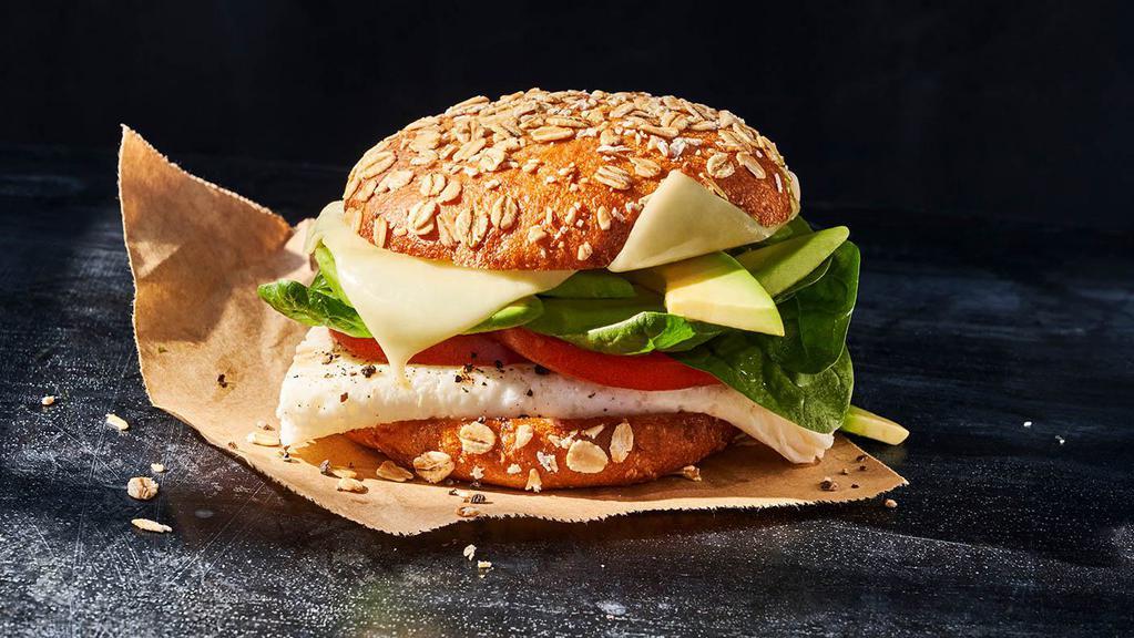 Avocado, Egg White & Spinach · 350 Cal. Egg whites, aged white cheddar, fresh avocado, spinach, vine-ripened tomato, salt and pepper on a Sprouted Grain Bagel Flat. Customize your perfect sandwich with choice of bread, sauce and egg. Allergens: Contains Wheat, Milk, Egg