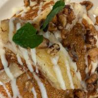 Banana Mascarpone Souffle Pancake · Mascarpone flour, vanilla curd, fried banana and candied walnut.