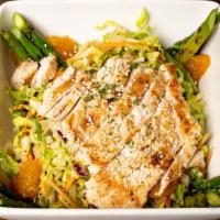 Asia Salad · Grilled chicken, romaine, cabbage, carrot, chow mein, sesame seed, almond, mandarin orange, ...