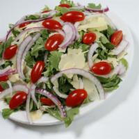 Arugula Salad (Family) · Arugula, cherry tomato, red onion, shredded Parmesan cheese.