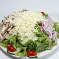 House Salad (Family) · Green leaves, cherry tomato, mushroom, red onion, cucumber and mozzarella cheese.