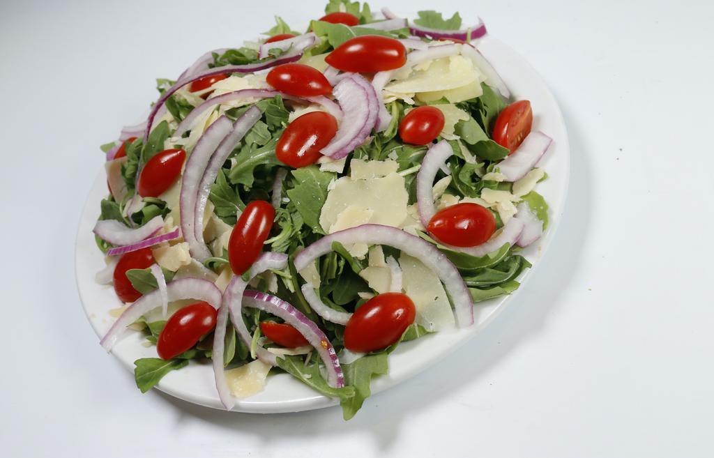 Arugula Salad (Large) · Arugula, cherry tomato, red onion, shredded Parmesan cheese.