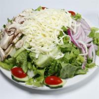 House Salad (Large) · Green leaves, cherry tomato, mushroom, red onion, cucumber and mozzarella cheese.