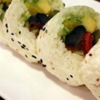 Veggie Lover Roll · Cucumber, avocado, takuan, wakame, kanpyo mushroom, fried tofu wrapped with soy paper.