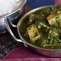 Vegan Tofu Palak · Organic Tofu with fresh spinach and spices. Comes with Rice.
