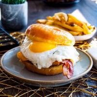 Breakfast Luther · Donut burger with ground beef, bacon, sunny egg, american cheese.