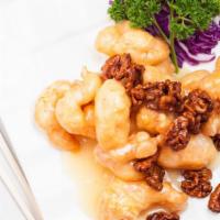 Prawns with Honeyed Walnuts · Prawns crisp sauteed in a tangy white cream sauce topped with homemade walnuts.