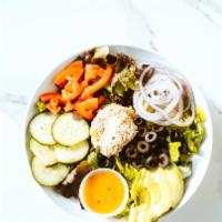 03. Tuna · Romain and spring mix lettuce, tuna salad, cucumbers, red onions, tomatoes, black olives, av...
