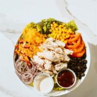 #04. BBQ Chicken · Romain lettuce, grilled chicken, tomatoes, corn, black beans, red onions, shredded cheddar, ...