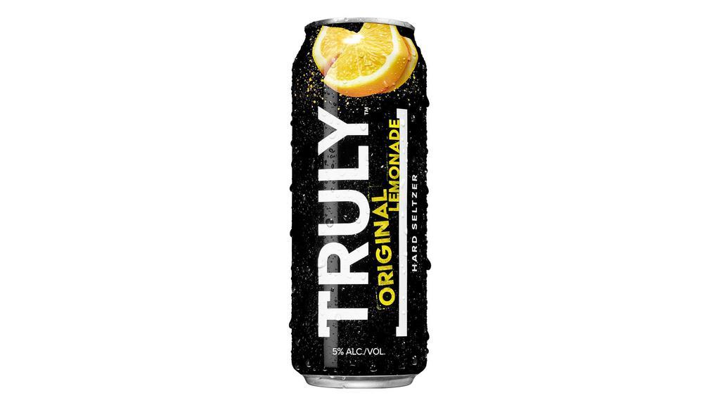 Truly Hard Seltzer Lemonade (24 Oz) · Truly Original Lemonade is the perfect mix of refreshing hard seltzer and sweet lemonade. Each 12oz. can has 5% alc./vol., 100 calories, 1g sugars, 3g carbs, and is Gluten Free.