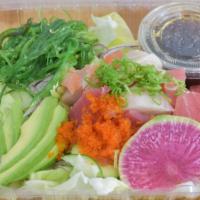 Sashimi Salad · lettuce,cucumber,seaweed salad,mixed cubed fish,avocado ,ponzu,tobiko,green onion ,wasabi
