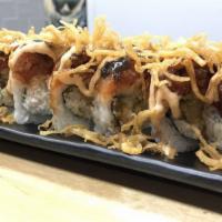 Godzilla Roll · inside - shrimp tempura, crab, avocado
outside - spicy tuna, eel, miso honey sauce, eel sauc...