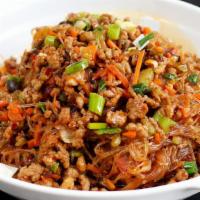 Ants Climbing Trees · Bean thread noodles with ground pork, mushrooms, and vegetables. Medium.