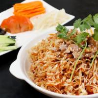 Spicy Cold Noodle · Vegetarian. Contains pork. Vegetarian option available.