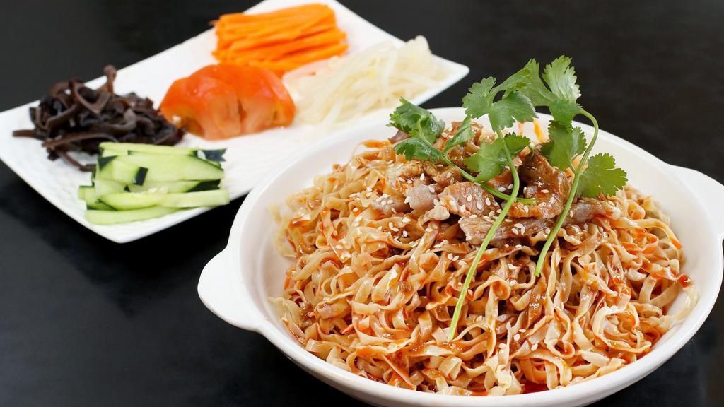 Spicy Cold Noodle · Vegetarian. Contains pork. Vegetarian option available.