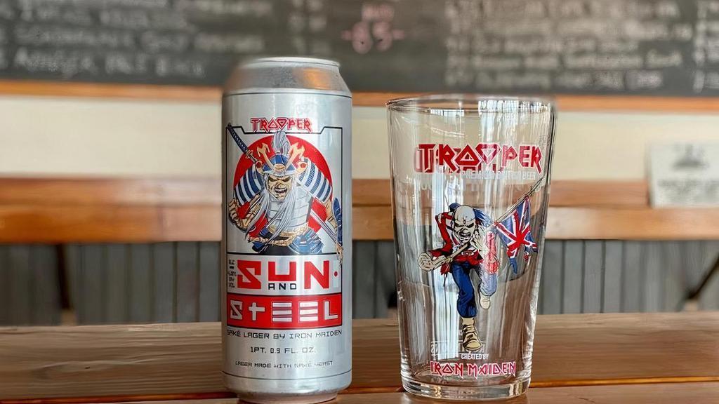 Trooper Sun + Steel Sake Lager 16.9oz can · 4.8% A double-fermented pilsner infused with saké to produce a crisp refreshing taste with a flash of fruit.