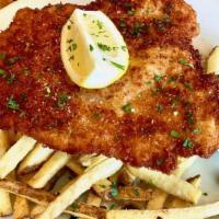 Wienerschnitzel · Breaded pork cutlet with fries, house-made apple sauce and a lemon wedge.