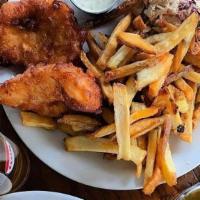 Fish & Chips · Beer battered cod fillets, French fries, and coleslaw.