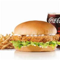 Spicy Chicken Sandwich Combo · Spicy Chicken, lettuce and mayonnaise on a plain bun. Served with Fries and a Beverage.