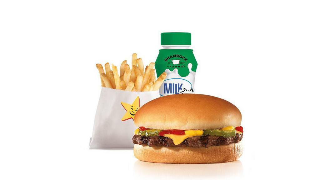 Cheeseburger Kid'S Meal · Charbroiled all-beef patty topped with American cheese, dill pickles, ketchup and mustard on a plain bun. Served with kid's drink and kid's fry.