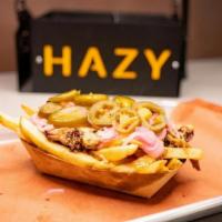 Loaded Fries · fries, melted cheddar, pulled pork, pickled red onion, jalapenos