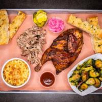BBQ & Sides Pack for 2 · 2 meats: 1/2 pound Pulled Pork and (1) Half Chicken, choose (2) 1/2 pint sides and comes wit...