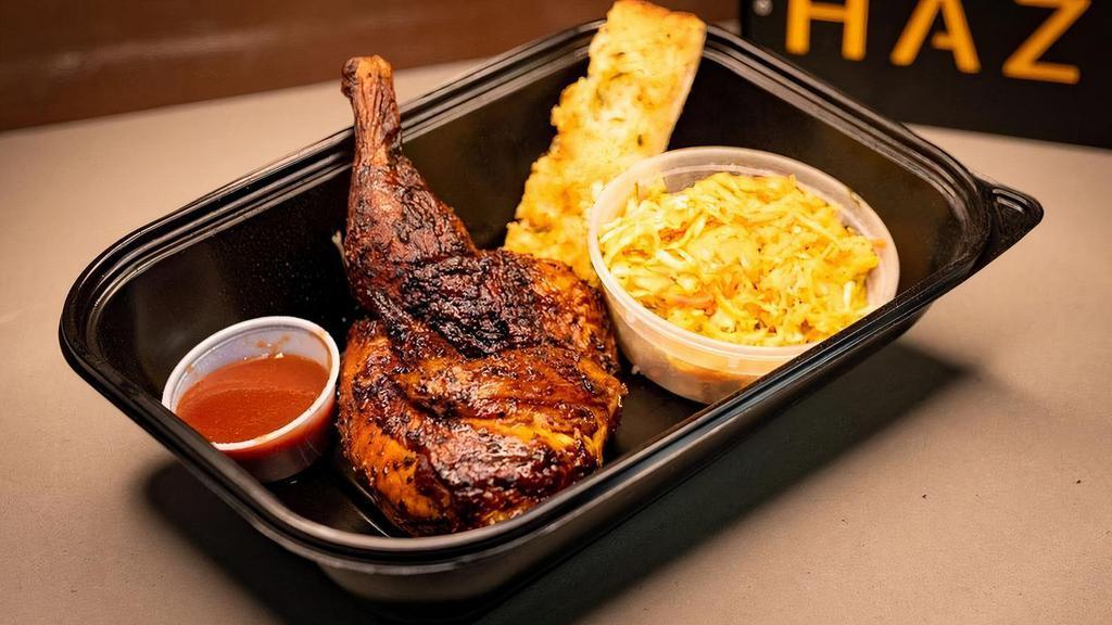 1/2 Chicken Combo Meal · Smoked Chicken Boxed Meal - Includes choice of side, garlic bread, sauce and fixins