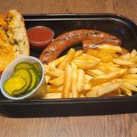 Andouille Sausage Combo Meal · Spicy smoked sausage (1.5 links), a side of your choice, garlic bread, sauce and fixins