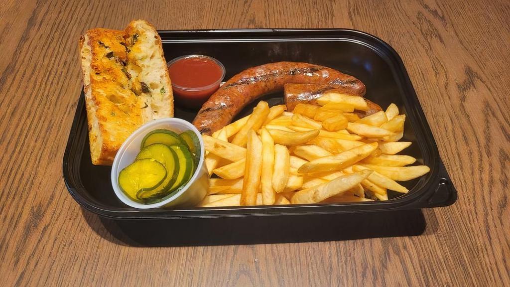 Andouille Sausage Combo Meal · Spicy smoked sausage (1.5 links), a side of your choice, garlic bread, sauce and fixins