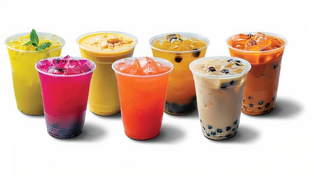 Top Sellers 12- Pack Housemade Beverages · 3 Jasmine Milk Tea Boba/ 3 Strawberry Lemonade/ 3 Pineapple Mint Agua Fresca/ 3 Mango Juice Tea Boba