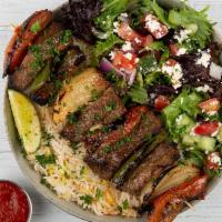 Beef Gyro Plate · Tender beef gyro served with orzo rice, side salad, fresh pita and your choice of sauce.