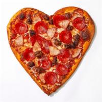 The Hearty Meat Pizza · Heart shaped pie with pepperoni, ham, sausage, gooey cheese and our house marinara sauce.